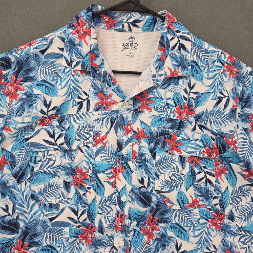 IZOD Saltwater Mens Large Blue Tropical Floral Fishing Shirt Short Sleeve Vent